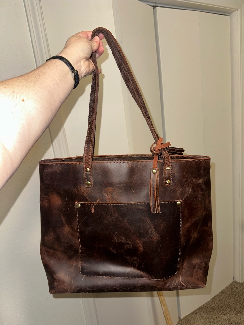 S-Zone Classic Brown Leather Tote Bag with Tassel